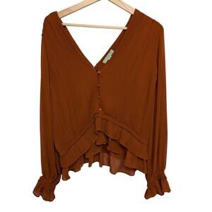 Ryegrass Pleated Ruffle Blouse Top Burnt Orange Caramel Feminine Chiffon Size 16